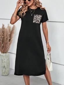 SHEIN LUNE 豹紋印花下擺開叉T恤洋裝 - 黑色 - 查看 3