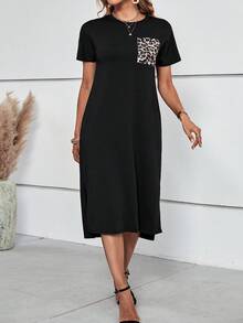 SHEIN LUNE 豹紋印花下擺開叉T恤洋裝 - 黑色 - 查看 6