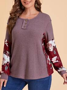 EMERY ROSE 大碼印花紐扣細節T恤 - 藕粉色 - 查看 1