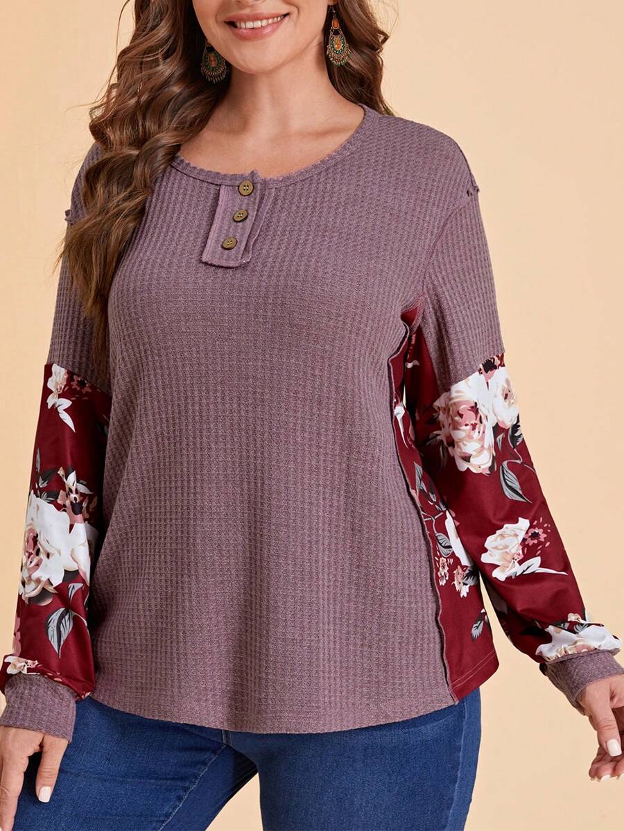 EMERY ROSE 大碼印花紐扣細節T恤 - 藕粉色 - 查看 1