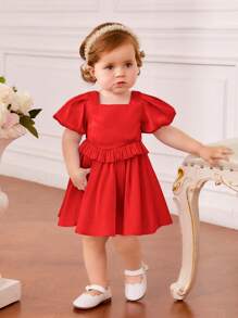 SHEIN Đứa bé gái Ống tay áo Cổ vuông Viền Ruffle Đầm - Đỏ - Xem 1