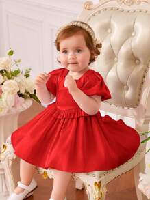 SHEIN Đứa bé gái Ống tay áo Cổ vuông Viền Ruffle Đầm - Đỏ - Xem 3