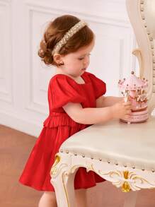 SHEIN Đứa bé gái Ống tay áo Cổ vuông Viền Ruffle Đầm - Đỏ - Xem 5