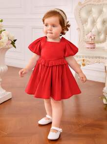 SHEIN Đứa bé gái Ống tay áo Cổ vuông Viền Ruffle Đầm - Đỏ - Xem 6