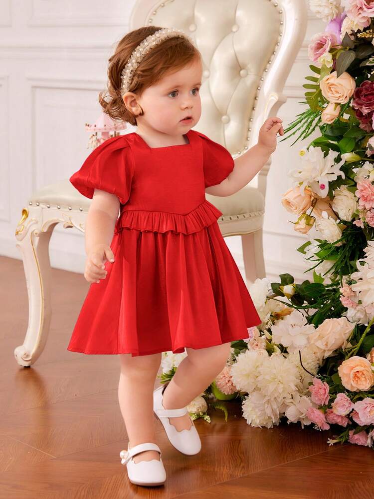 Baby Girl Puff Sleeve Square Neck Ruffle Trim Dress