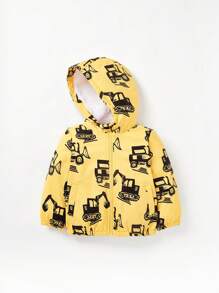Cozy Pixies Baby Boys' Thickened Thermal Lined Hooded Jacket With Truck Pattern Printing, Suitable For Winter - Yellow - View 8