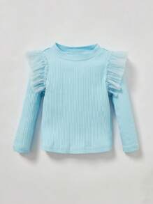 Cozy Pixies Baby Girl Mesh Ruffle Trim Ribbed Knit Tee - Baby Blue - View 4