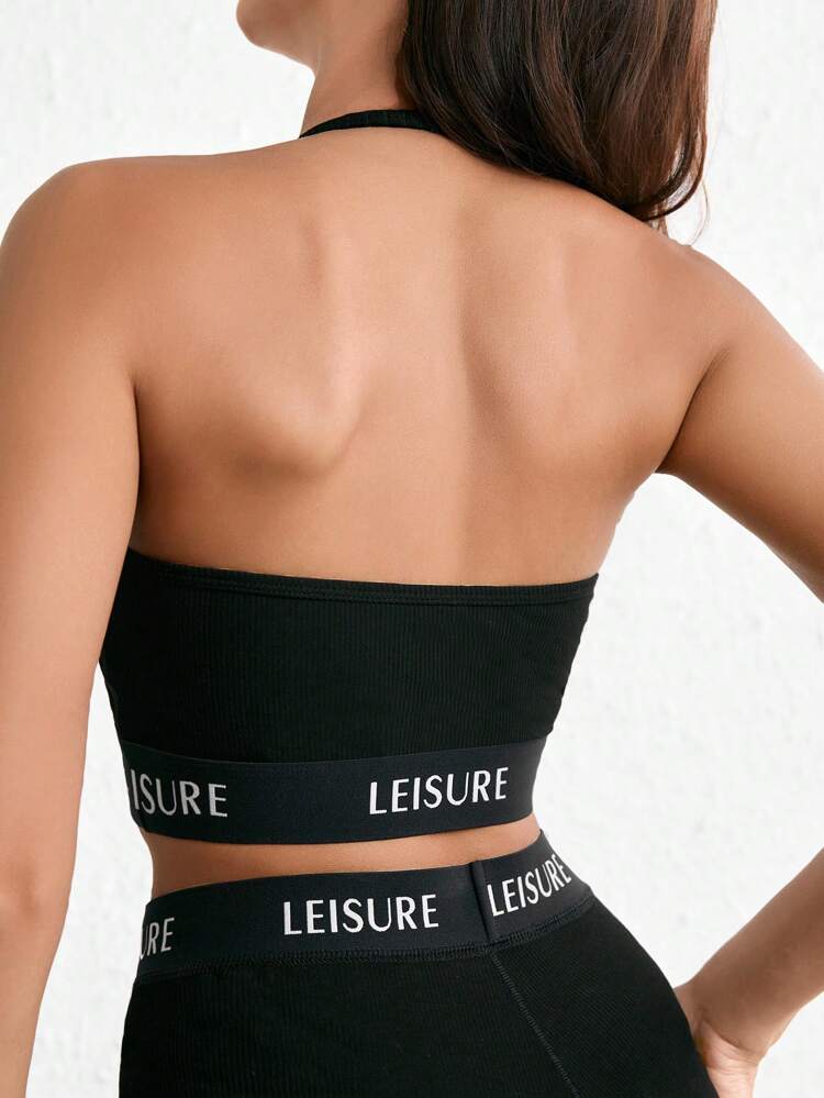 Leisure Smooth & Comfy Hanging Neck Letter Wireless Bra&Bralette-Black