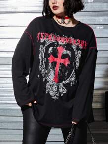 ROMWE PUNK Plus Cross and Letter Graphic Top-stitching Drop Shoulder Tee - Black - View 1