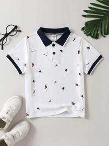 SHEIN Young Boy's Casual Wide-Neck Short-Sleeved Polo Shirt With Boat, Coconut Trees, And Seagulls Cute Pattern(White) - White - View 1