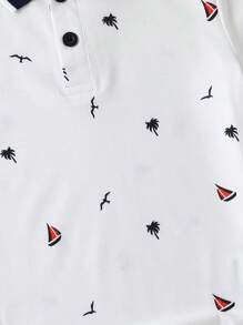 SHEIN Young Boy's Casual Wide-Neck Short-Sleeved Polo Shirt With Boat, Coconut Trees, And Seagulls Cute Pattern(White) - White - View 4