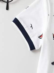 SHEIN Young Boy's Casual Wide-Neck Short-Sleeved Polo Shirt With Boat, Coconut Trees, And Seagulls Cute Pattern(White) - White - View 5
