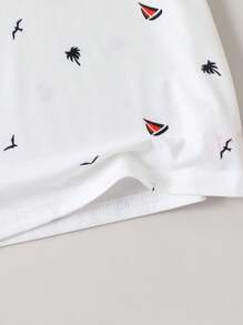 SHEIN Young Boy's Casual Wide-Neck Short-Sleeved Polo Shirt With Boat, Coconut Trees, And Seagulls Cute Pattern(White) - White - View 6