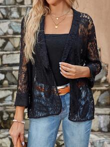 SHEIN Clasi Khăn quàng Mở Mặt trước Ren áo - màu đen - Xem 3