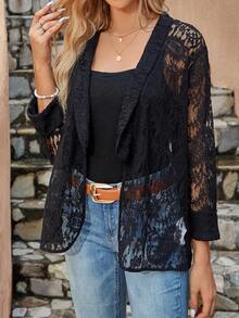 SHEIN Clasi Khăn quàng Mở Mặt trước Ren áo - màu đen - Xem 4