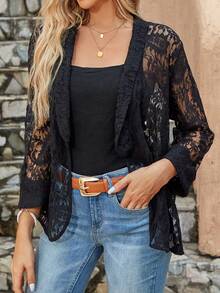 SHEIN Clasi Khăn quàng Mở Mặt trước Ren áo - màu đen - Xem 5