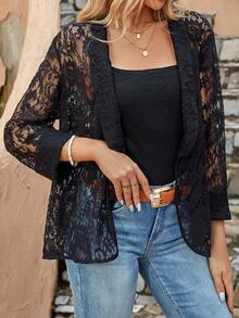 SHEIN Clasi Khăn quàng Mở Mặt trước Ren áo - màu đen - Xem 7