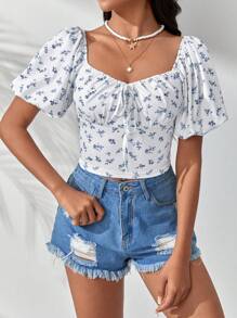 Soleia 碎花前打結T恤 - 白色 - 查看 1