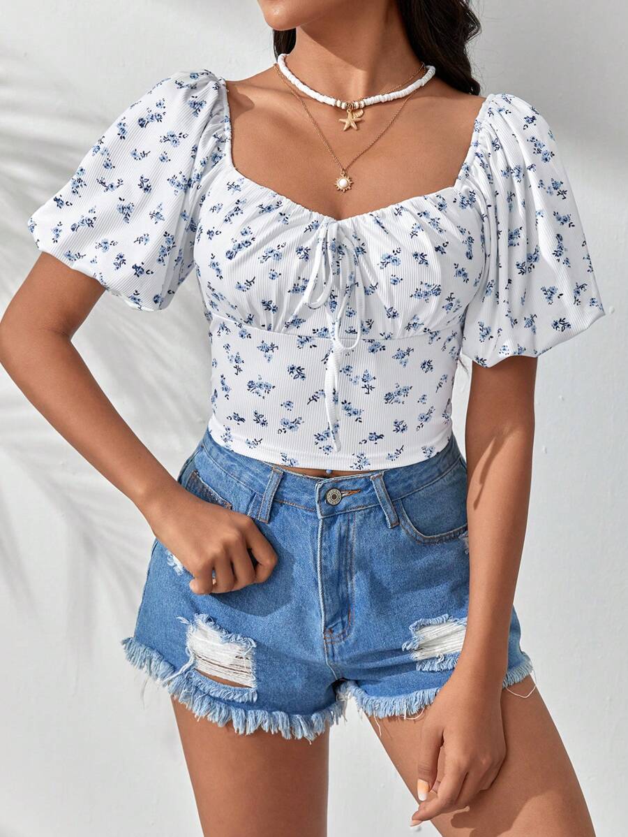 Soleia 碎花前打結T恤 - 白色 - 查看 1