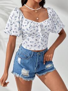 Soleia 碎花前打結T恤 - 白色 - 查看 5