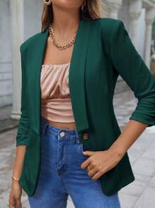 SHEIN LUNE 青果領抽褶袖開門襟西裝外套 - 墨綠色 - 查看 4