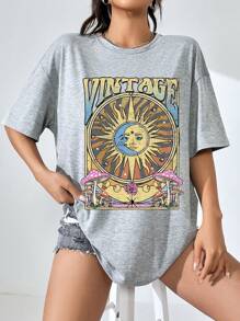 SHEIN EZwear Sun & Moon Print Drop Shoulder Tee