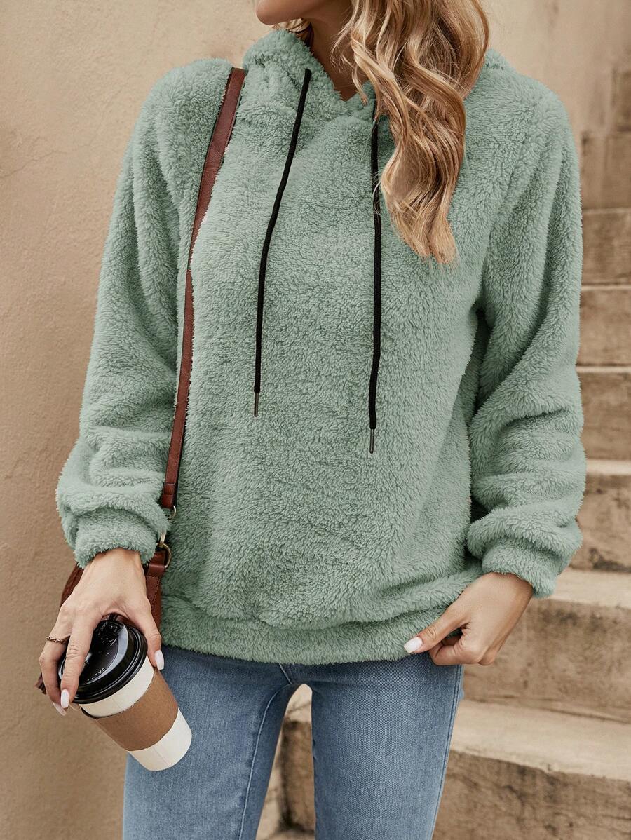 SHEIN LUNE Solid Drawstring Teddy Hoodie In Fall/Winter - Mint Green - View 1
