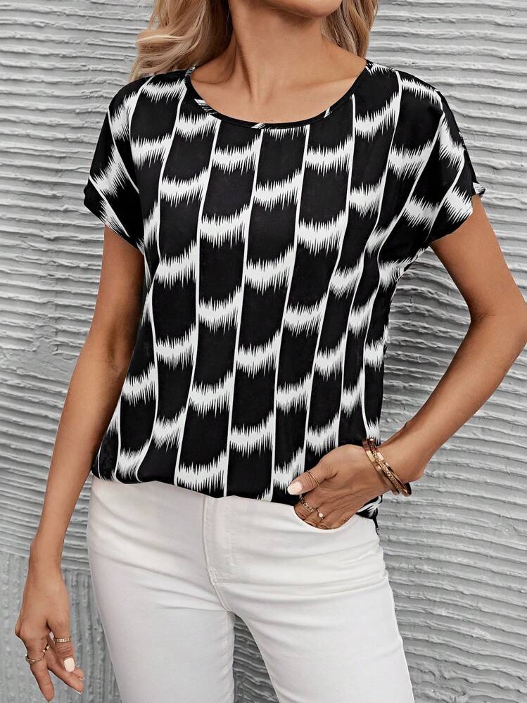 SHEIN LUNE הדפס על הכל שרוול כנף עטלף חולצות - שחור ולבן - ראה 1