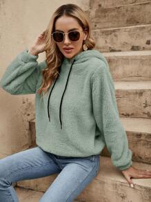 SHEIN LUNE Solid Drawstring Teddy Hoodie In Fall/Winter - Mint Green - View 7