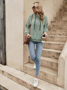 SHEIN LUNE Solid Drawstring Teddy Hoodie In Fall/Winter - Mint Green - View 4