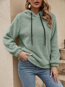 SHEIN LUNE Solid Drawstring Teddy Hoodie In Fall/Winter - Mint Green - View 5