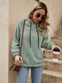 SHEIN LUNE Solid Drawstring Teddy Hoodie In Fall/Winter - Mint Green - View 6