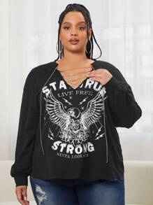 SHEIN CURVE+ Hơn Đồ họa đại bàng & khẩu hiệu Chi tiết chuỗi Áo thun Thả vai - màu đen - Xem 1