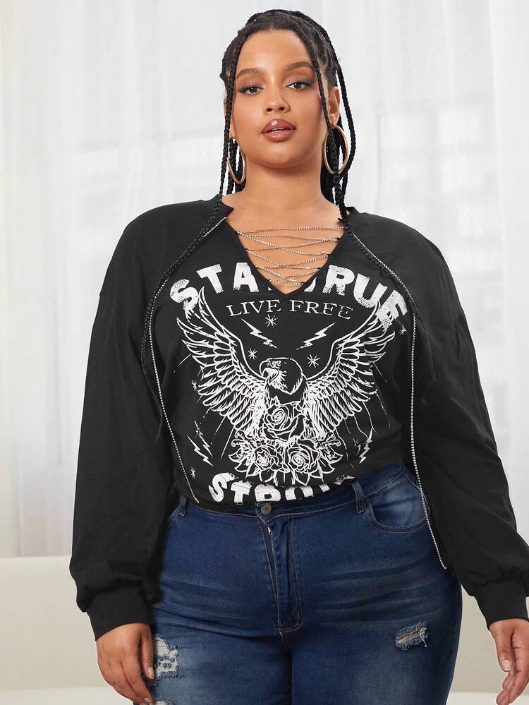 SHEIN CURVE+ 大碼鷹和標語圖案鏈條細節落肩T恤 - 黑色 - 查看 3