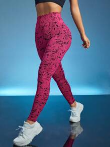 SHEIN Sports Allover Print Wideband Waist Sports Leggings - Rusty Rose - View 4