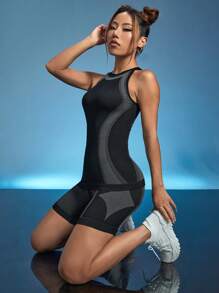 Gameset SHEIN Sport 撞色運動套裝 - 黑色 - 查看 1