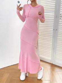 SHEIN EZwear Top-stitching Drawstring Hooded Mermaid Hem Dress - Pink - View 1