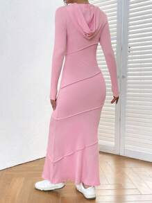 SHEIN EZwear Top-stitching Drawstring Hooded Mermaid Hem Dress - Pink - View 2