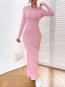 SHEIN EZwear Top-stitching Drawstring Hooded Mermaid Hem Dress - Pink - View 5