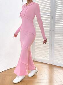 SHEIN EZwear Top-stitching Drawstring Hooded Mermaid Hem Dress - Pink - View 6
