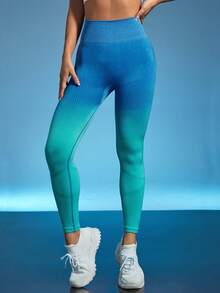 Ombre Print Wideband Waist Sports Leggings - Blue - View 3