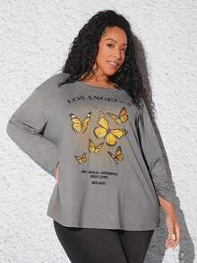 SHEIN CURVE+ 大碼蝴蝶和標語圖案落肩T恤 - 灰色 - 查看 3