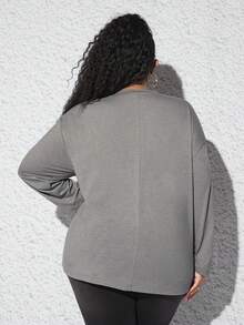 SHEIN CURVE+ 大碼蝴蝶和標語圖案落肩T恤 - 灰色 - 查看 2