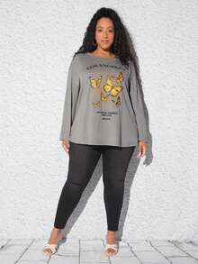 SHEIN CURVE+ 大碼蝴蝶和標語圖案落肩T恤 - 灰色 - 查看 5