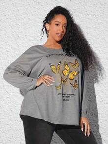 SHEIN CURVE+ 大碼蝴蝶和標語圖案落肩T恤 - 灰色 - 查看 4