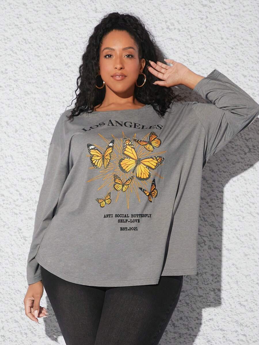SHEIN CURVE+ 大碼蝴蝶和標語圖案落肩T恤 - 灰色 - 查看 1