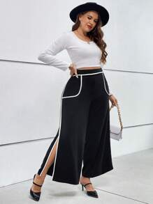 SHEIN Privé 大碼撞色滾邊高衩闊腿褲 - 黑色 - 查看 1