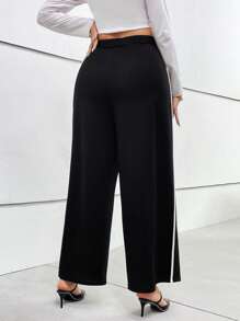 SHEIN Privé 大碼撞色滾邊高衩闊腿褲 - 黑色 - 查看 2