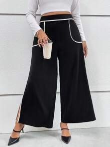 SHEIN Privé 大碼撞色滾邊高衩闊腿褲 - 黑色 - 查看 3