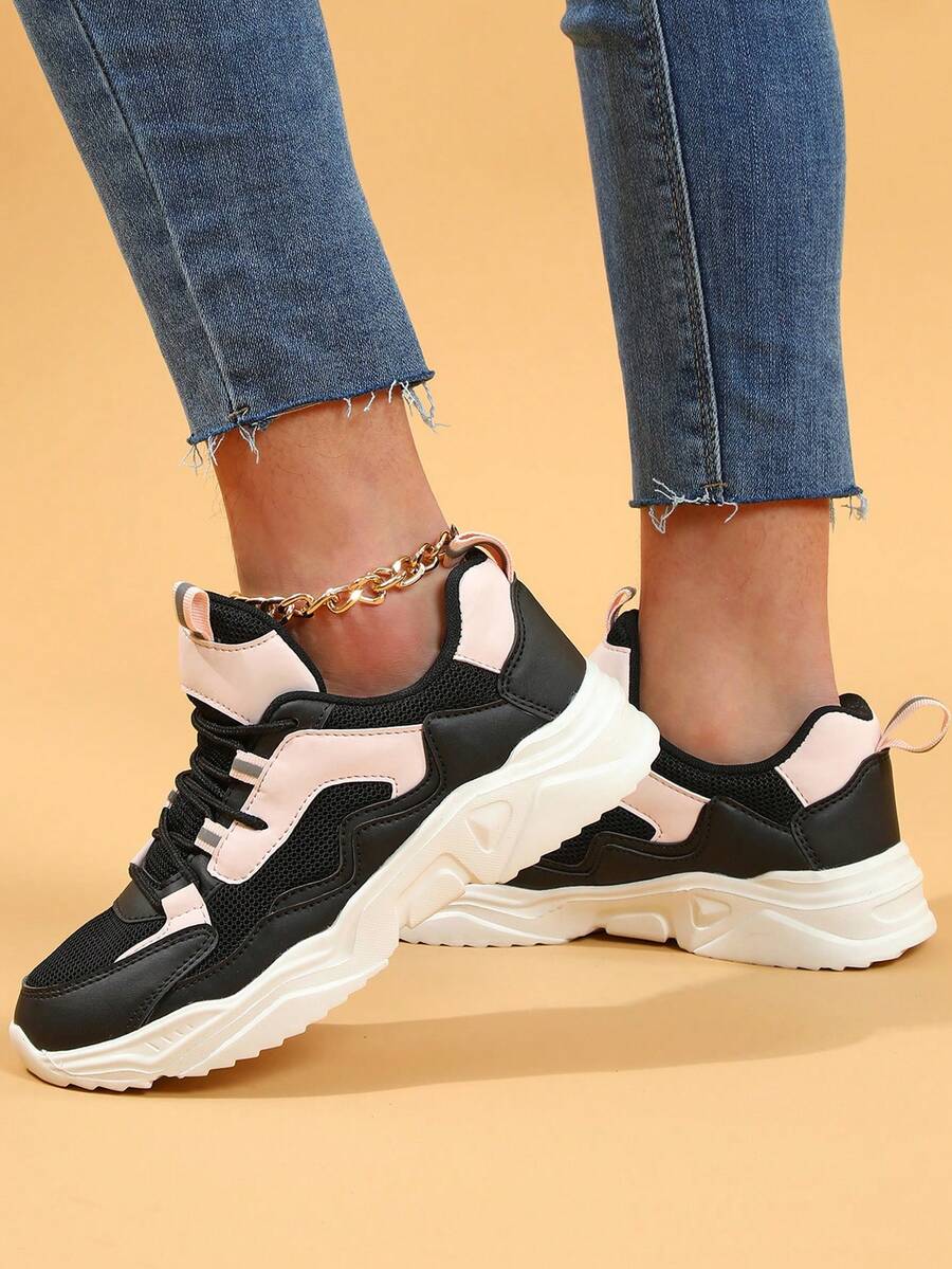 黑色&粉色的流行柔軟的&透氣爸爸鞋適合男人及女人,休閒運動步行鞋 - 彩色 - 查看 1